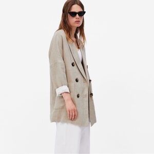 Zara Beige Linen Double Breasted Oversized Blazer Relaxed Fit XS